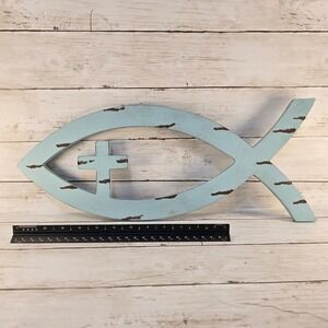 Rustic Wood Ichthys Fish Cross Wall Decor Distressed Light Blue Christian Sign